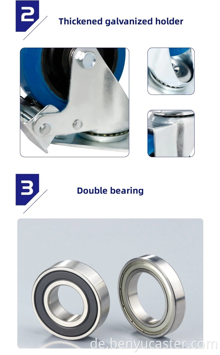 Trolley 100mm Drehbremsplatte Blaue Gummi -Räder Heavy Duty Casters